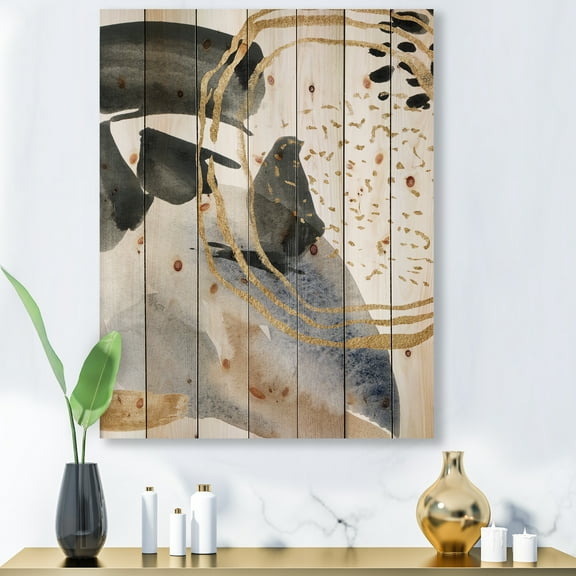 Designart 'Pastel Abstract With Black Blue Beige and Gold Spots' Modern Print on Natural Pine Wood