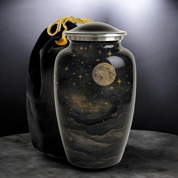 Moon and Stars Design Cremation Urn for Human Ashes - Adult Sized Urn - with velvet Bag - Upto 200 cu in