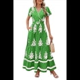 thumbnail image 3 of Vestido de Corta con Cuello en V, Estampado Floral, Bolsillos y Mangas Acampanadas, Verde XL, 3 of 7
