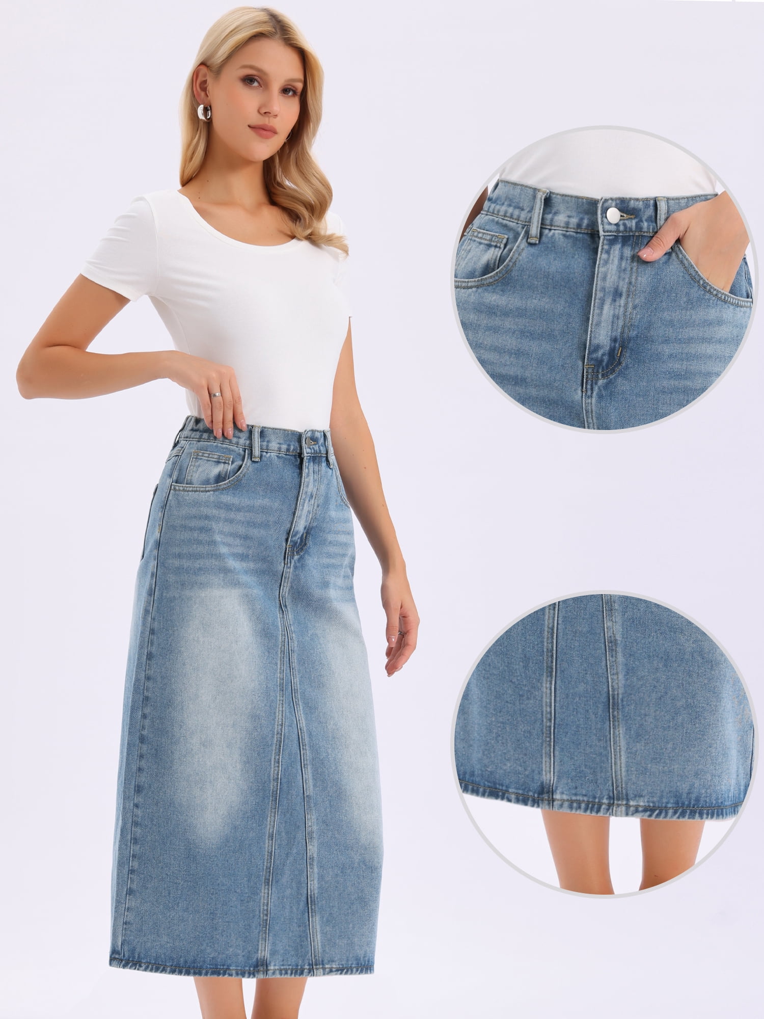 DARING DIVA Women's Elasticated Waist Washed A Line Long Jean Skirt Small Blue