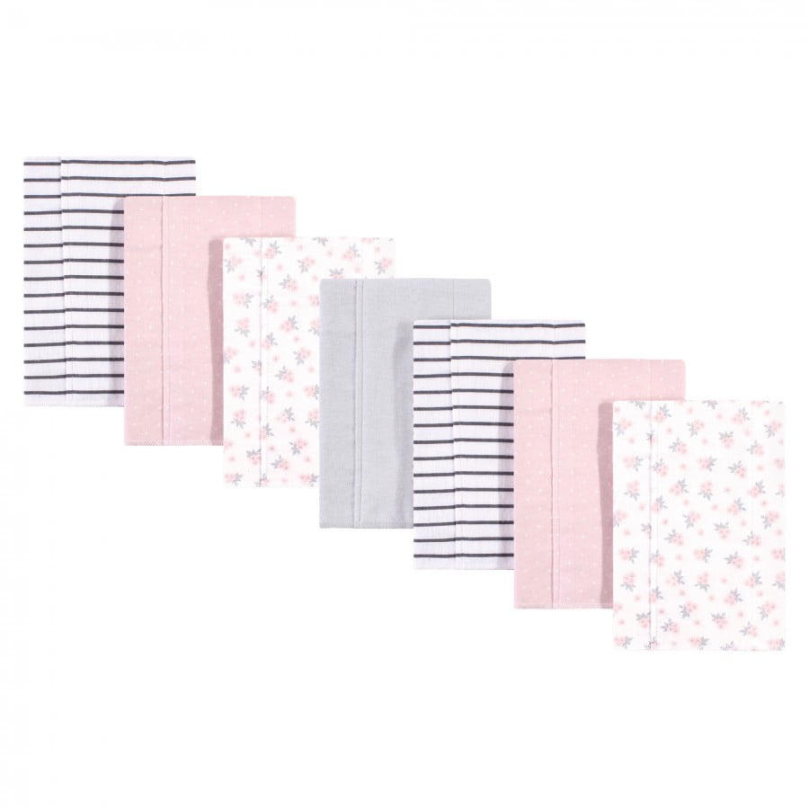 Hudson Baby Infant Girl Cotton Flannel Burp Cloths 7pk, Gray Pink Floral, One Size