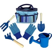 Kids Gardening Tool Set - Real Metal Child Sized Hand Tools with Wooden Handles & Safety Edges; Shovel, Rake & Pitch Fork - Plus Watering Can, Garden Gloves & Durable Canvas Carrying Bag. Blue