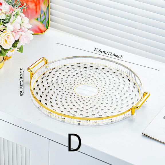 Round Serving Tray with Gold Handles, 12.4 in / 31.5 cm Decorative Platter for Home, Clear Plastic Tray, Elegant Tabletop Organizer for Kitchen, Living Room, Tea, Coffee, Snack