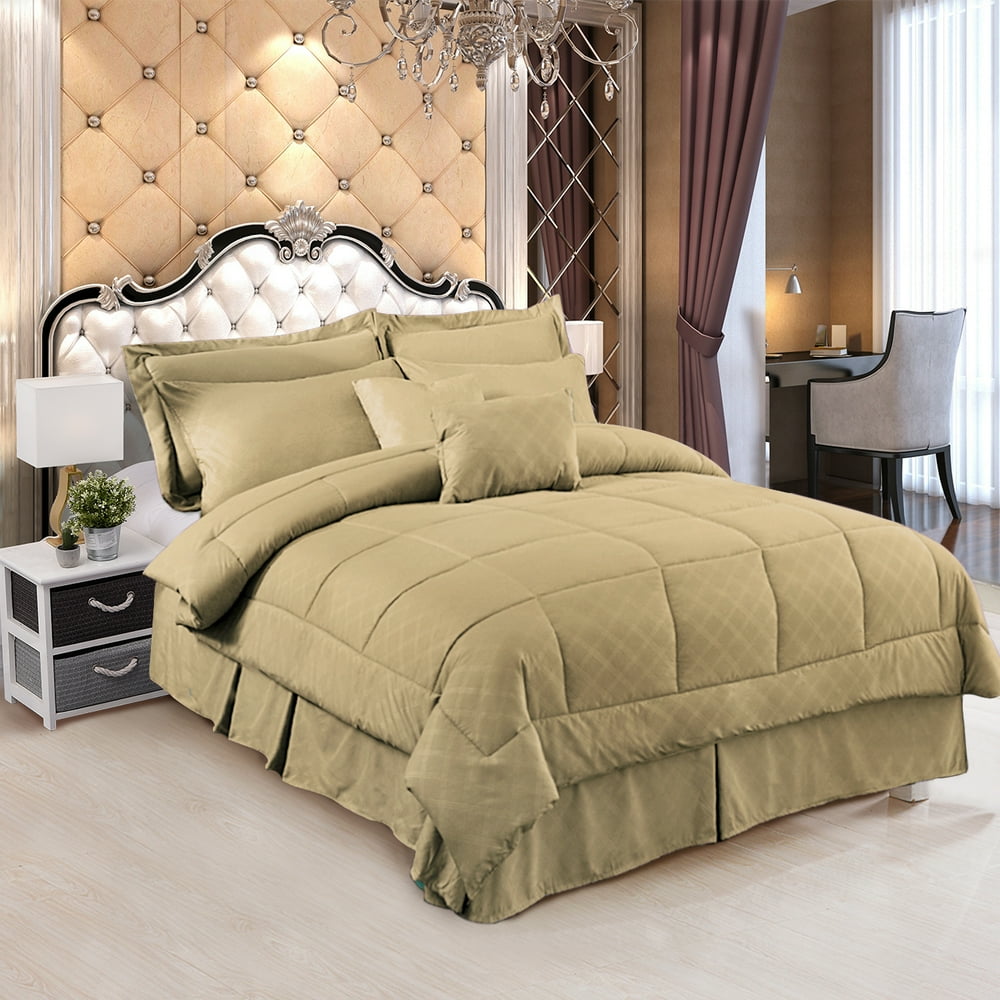 10 Pieces Solid Soft Bed in A Bag Bedding Comforter Set,Luxury Soft Quilted Embroidered Pattern