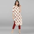 thumbnail image 3 of Janasya Indian Round Neck 3/4 Sleeve Floral Print White Cotton Kurta For Women, 3 of 8