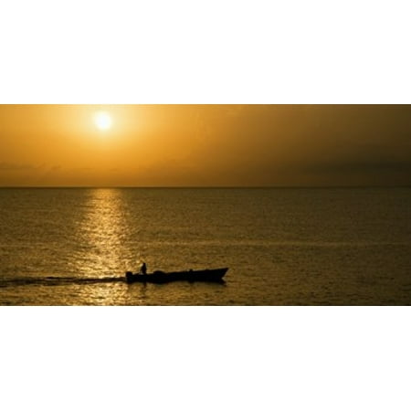Fishing boat in the sea at sunset Negril Westmoreland Jamaica Canvas Art - Panoramic Images (24 x
