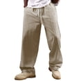 thumbnail image 2 of JUUYY Men's Cotton Linen Striped Pants Loose Wide Leg Casual Trousers with Pockets Drawstring Elastic Waist Lightweight Beach Pants Khaki L, 2 of 8