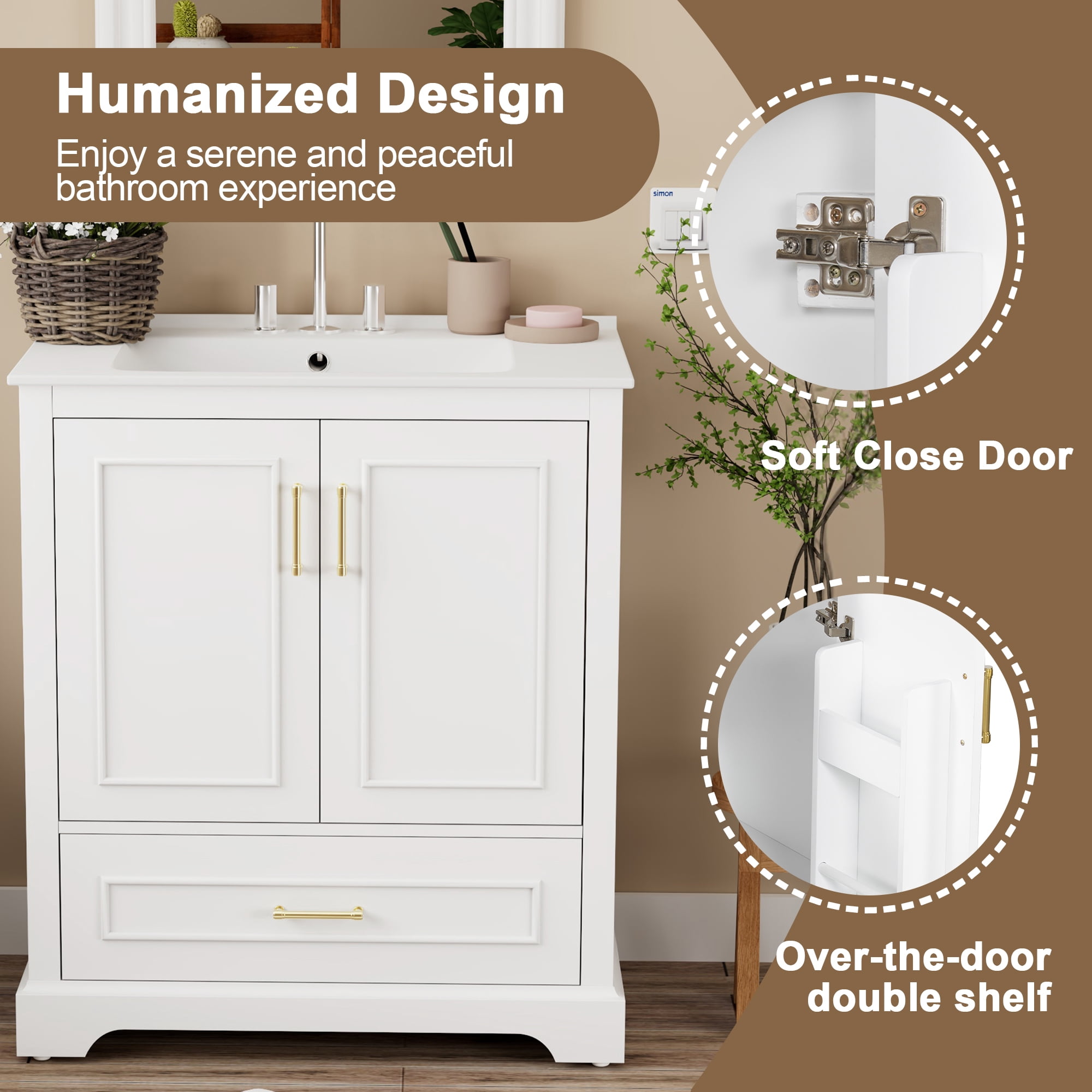 MODERNLUXE 30" Bathroom Vanity with Sink,Modern Bathroom Storage Cabinet with Divider Drawer and 2 Soft-close Doors with Door Organizer,Easy Assembly,White