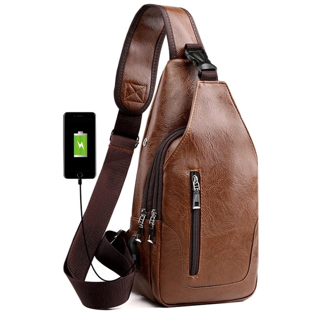 Mochila bandolera de piel para hombre con puerto USB