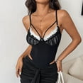 thumbnail image 4 of Corset Tops for Women, Ruffled Lace V Neck Lace Mesh Bustier, Spaghetti Strap Night Party Cami Cropped Tops Womens Camisoles with Built in Bra Black S, 4 of 8