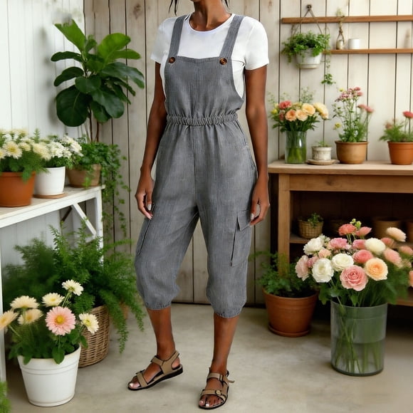 TaTaai Women's Casual Linen Texture Overall Shorts Loose Fit Sleeveless Shoulder Straps Cargo Jumpsuit with Side Pockets Elegant Comfortable All Season One-Piece Outfit Gift