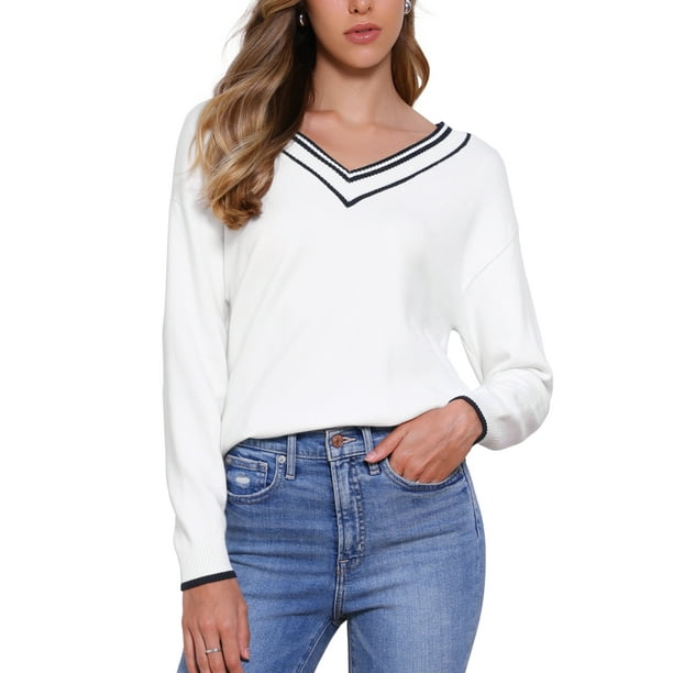 SUÉTER DE MANGA LARGA A RAYAS V DE INSPIRACIÓN CHIC PARA MUJERES, SUÉTER CASUAL SUAVE DE OTOÑO TAMAÑO S BLANCO