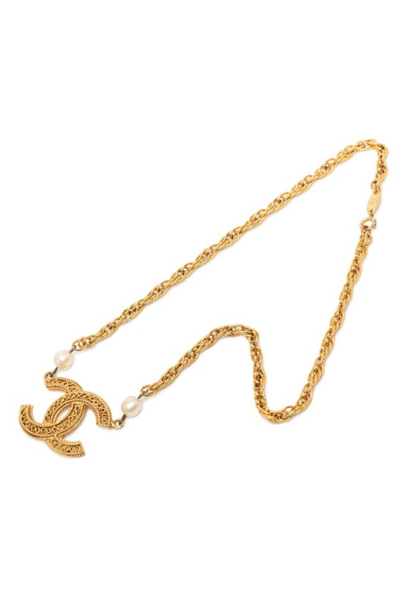 Pre-Owned Vintage Chanel Coco Mark Pearl Chain Necklace, Gold Plated, Women's