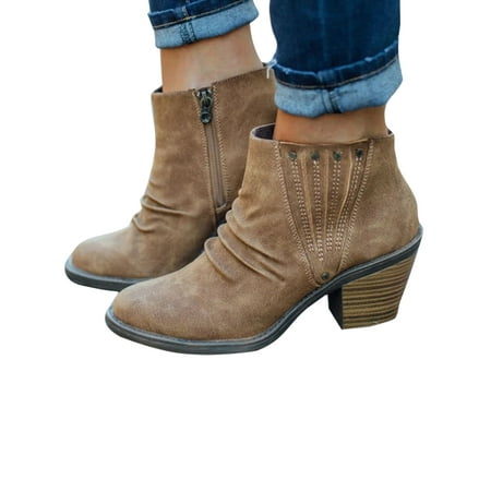 

SIMANLAN Ankle Boots for Women Stacked Heel Booties with Zipper Casual Boot Brown 8.5