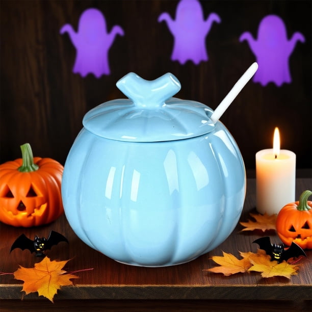 Recipiente de Cerámica con Forma de Calabaza para Té y Especias, con Tapa y Cuchara | Recipiente Hermético Resistente Al Calor para Té, Café y Azúcar | Decoración de Cocina Otoñal, Halloween, Acción