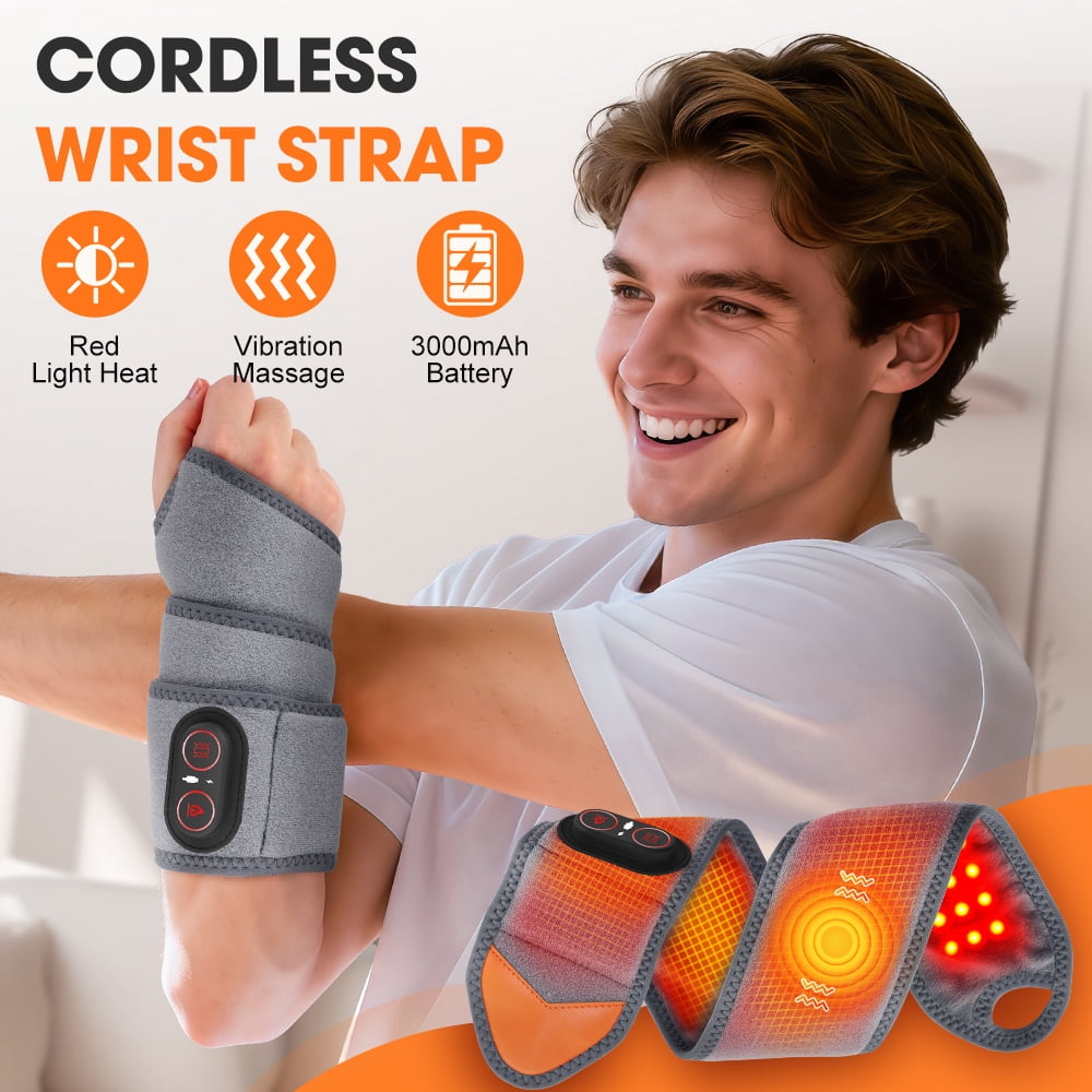 Cordless Wrist Heating Pad Wrap with Vibration,Rechargeable Wrist Brace with Heat,3000mAh Portable Heated Wrist Massager with 3 Heat Levels & 3 Vibration Modes,Adjustable Wearable Wrap for Home