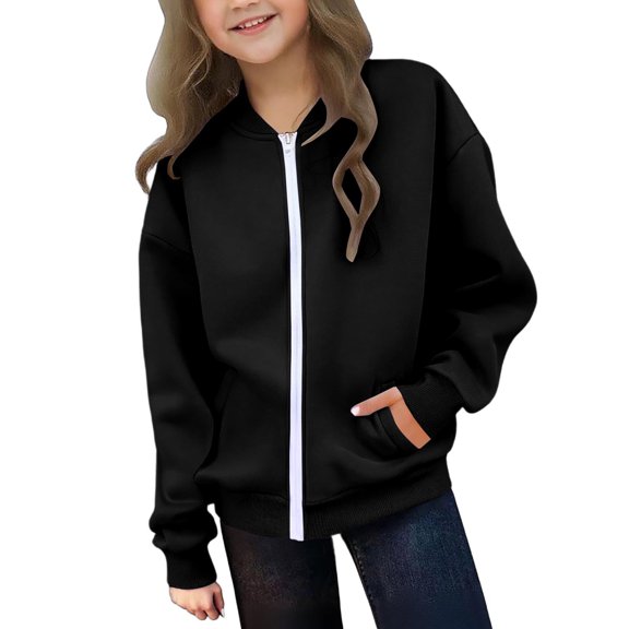 BFHHYA Girls Light Fleece Sweatshirt Jacket Zip-Up Long Sleeve Athletic Fall Baseball Jacket with Pockets for School Sports Days (5-14Y)