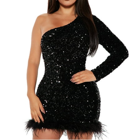 BangWanChi Sequin Dress for Womens 2024 Women s Fashion Perspective Hot Diamond Sequin Long Sleeve Feather Bag Hip Skirt Nightclub Style Party Mini Dress Black L