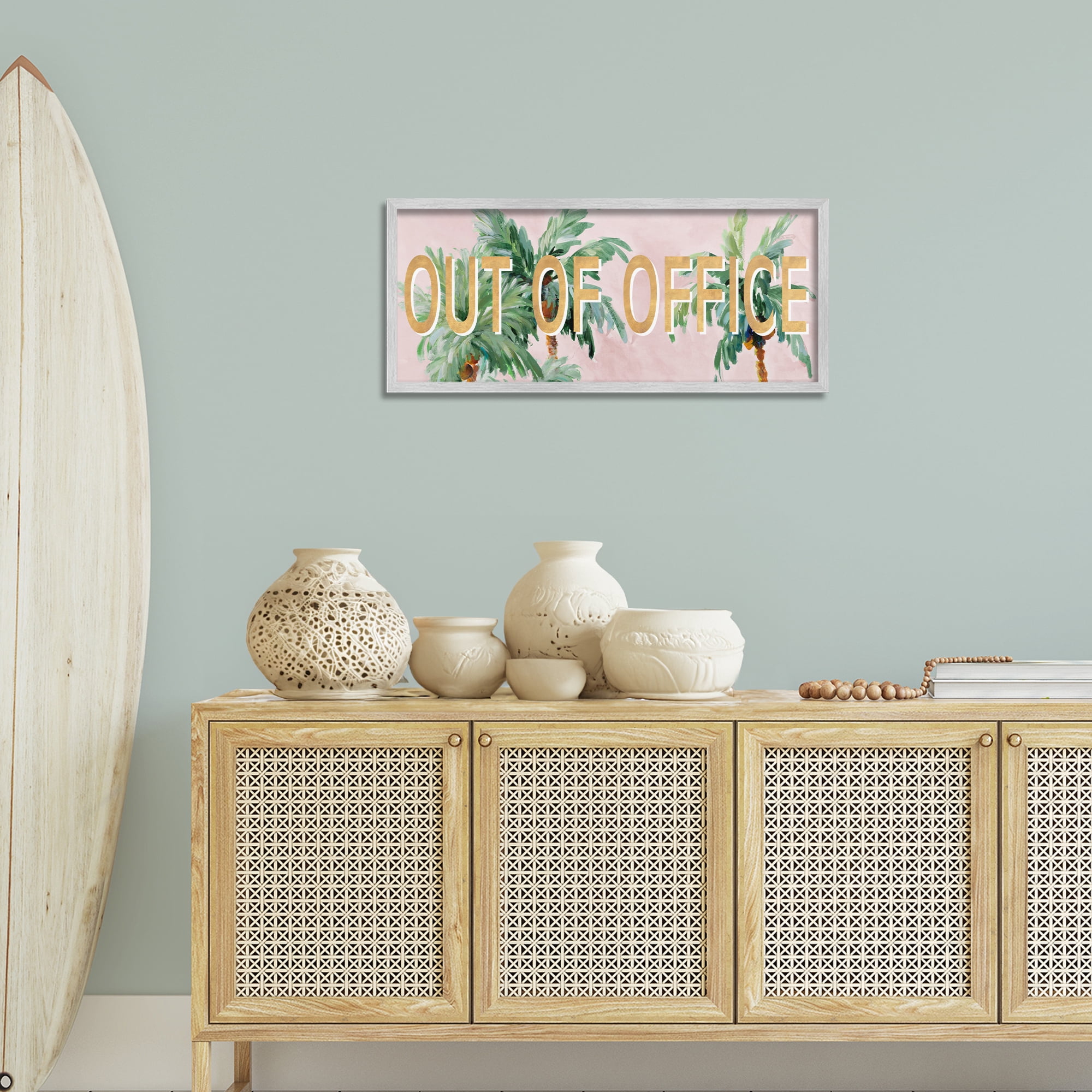 Stupell Industries Out Of Office Palms Typography Painting Gray Framed Art Print Wall Art, 30 x 13