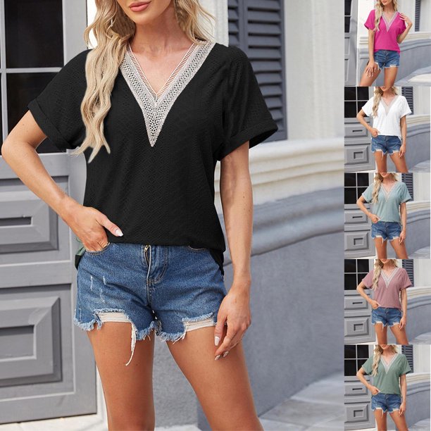 Fiudx Ofertas Flash Del Día Solo En Línea Camisa Superior de Manga Corta con Manga Plegable Sólida para Mujer