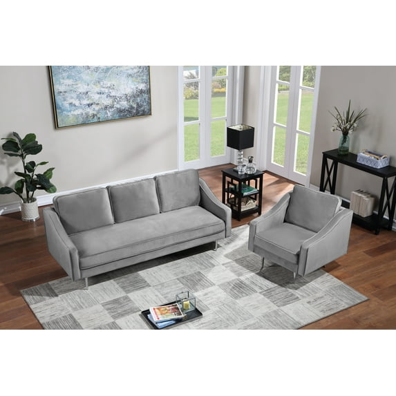 2-Piece 3Piece Sectional Sofa Sets Velvet Fabric Upholstered Armchair and 3-Seat Loveseat Couch, Modern Style Couch for Living Room Furniture (1+3 Seat)