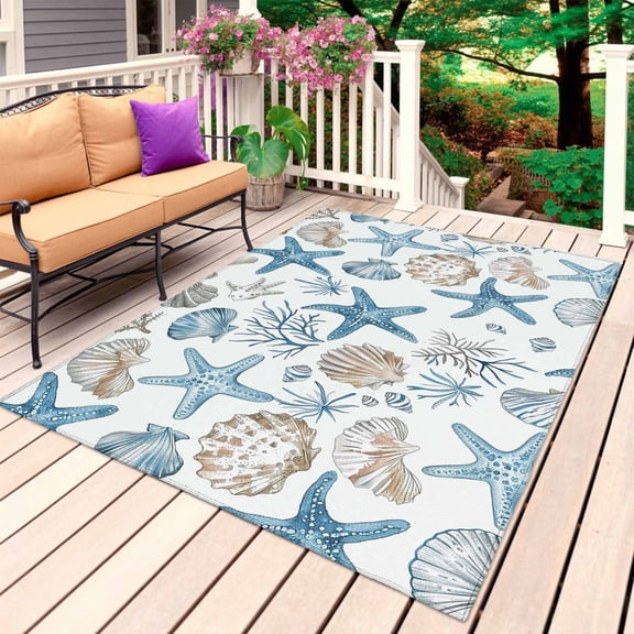 Blue Beige Coastal Outdoor Rug for Patio/Deck/Porch, Non-Slip Large Area Rug 5 x 7 Ft, Summer Beach Nautical Starfish Shell Indoor Outdoor Rugs Washable Area Rugs, Camping Rug Carpet Runner