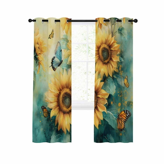 Yellow Sunflower Butterfly Blackout Curtains 84 Inches Long for Bedroom, Teal Leaves Retro Abstract Thermal Insulated Room Darkening Black Out Window Curtain Panels Grommet Drapes for Living Room
