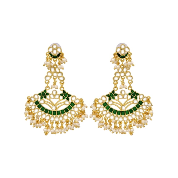 Crunchy Fashion Bollywood Jewelry Traditional Ethnic Bridal Bride Wedding Gold Plated Indian Designer Kundan Studded Green Meenakari Chaandbali Earrings Set For Women
