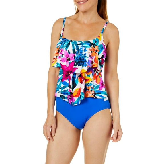 Maxine Womens Key West Floral Tiered Tankini Top 8 White/pink/blue/orange