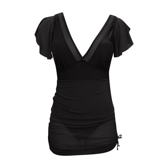 Nuoqisi Womens One Piece Swimsuit Soild Tummy Control Swim Dress Ruffle Slimming Mesh Skirt Wraps Bathing Suit with Drawstring Beach