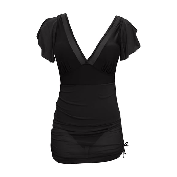Xdegoge Swim Dresses for Women Tummy Control One Piece V Neck Flutter Short Sleeve Ruched Drawstring Skirted Bathing Suits Beach Summer Vacation Pool