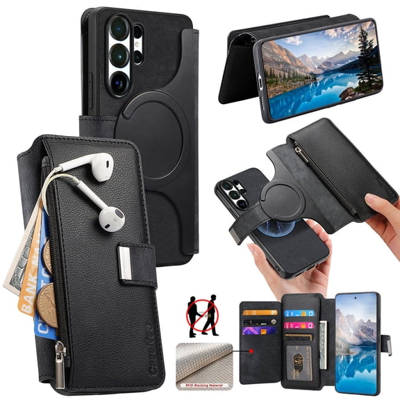 Case Wallet for Samsung Galaxy S26 Ultra, Detachable 2-in-1 PU Leather Flip Folio Case Support MagSafe Wireless Charging RFID Blocking Card Slot Stand Removable Cover for Galaxy S26 Ultra, Black