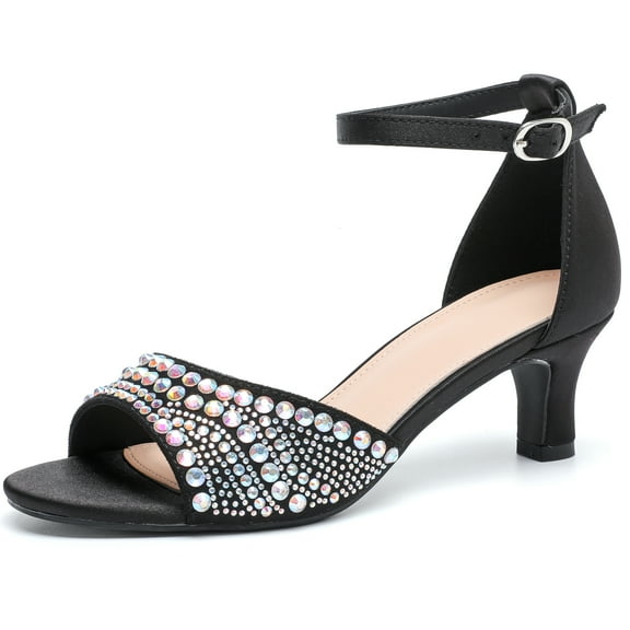 DADAWEN Low Hee Dress Shoes Open Toe Ankle Strap Sandals Rhinestone Shiny Black 7.5US