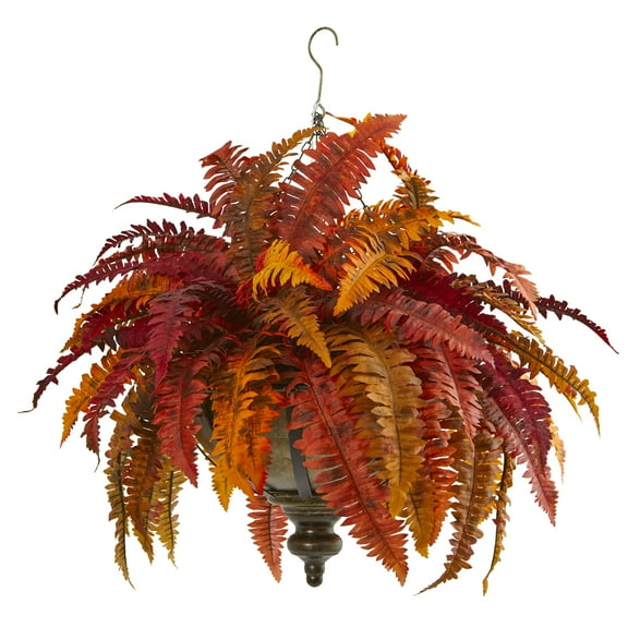 Nearly Natural 28in. Autumn Boston Fern Artificial Plant in Hanging Metal Bowl, Orange