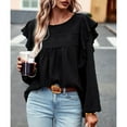 thumbnail image 5 of SWSMCLT Women's Long Sleeve Top Chiffon Cute Shirt Ruffle Loose Soft Crew Neck Summer Lantern Sleeve Blouses Black Small, 5 of 5