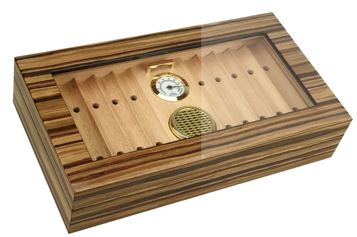 Prestige Import Group - Braydon Glass Top Contemporary Desktop Cigar Humidor with Removable Ventilated Cigar Bed, Humidifier, Hydrometer - African Obeche Techwood Lacquer Finish - Capacity: 25 to 50