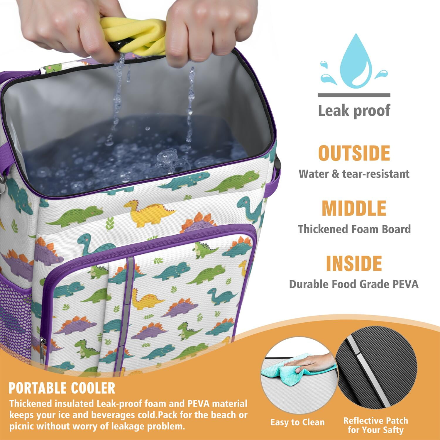 Travel Cooler Bag - White Cartoon Dinosaurs Leaves Pattern Camping Beer Cooler Backpack with Bottle Opener- Waterproof Insulated Picnic Backpacks - Cooler Bag for Beach