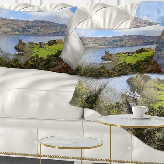 Designart Lago Ness and Urquhart Castle - Landscape Printed Throw Pillow - 12x20