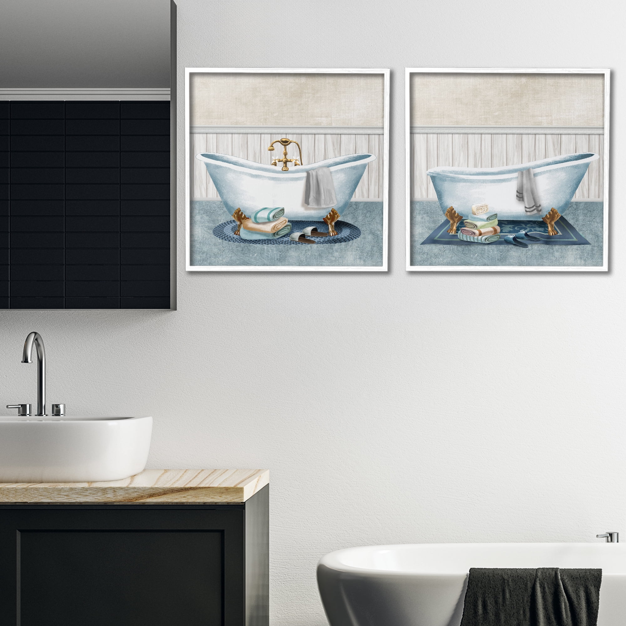 Stupell Industries Cozy Bathtub & Slippers 2 Piece White Framed Giclee Art Set, design by Conrad Knutsen