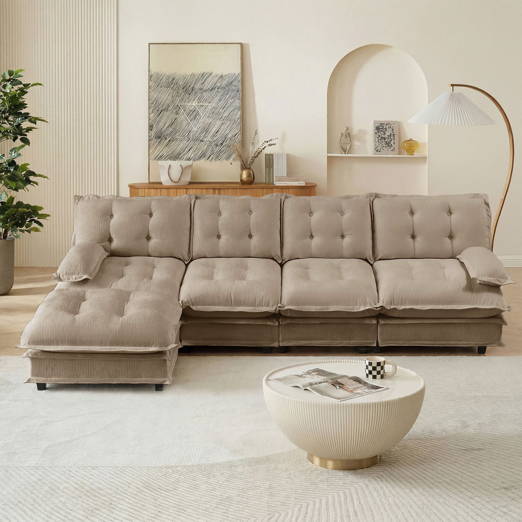 MAYEERTY 138 Inch L-Shaped Sectional Sofa with Ottoman, 4-Seater Deep Seat Modular Couch for Living Room Bedroom Apartment