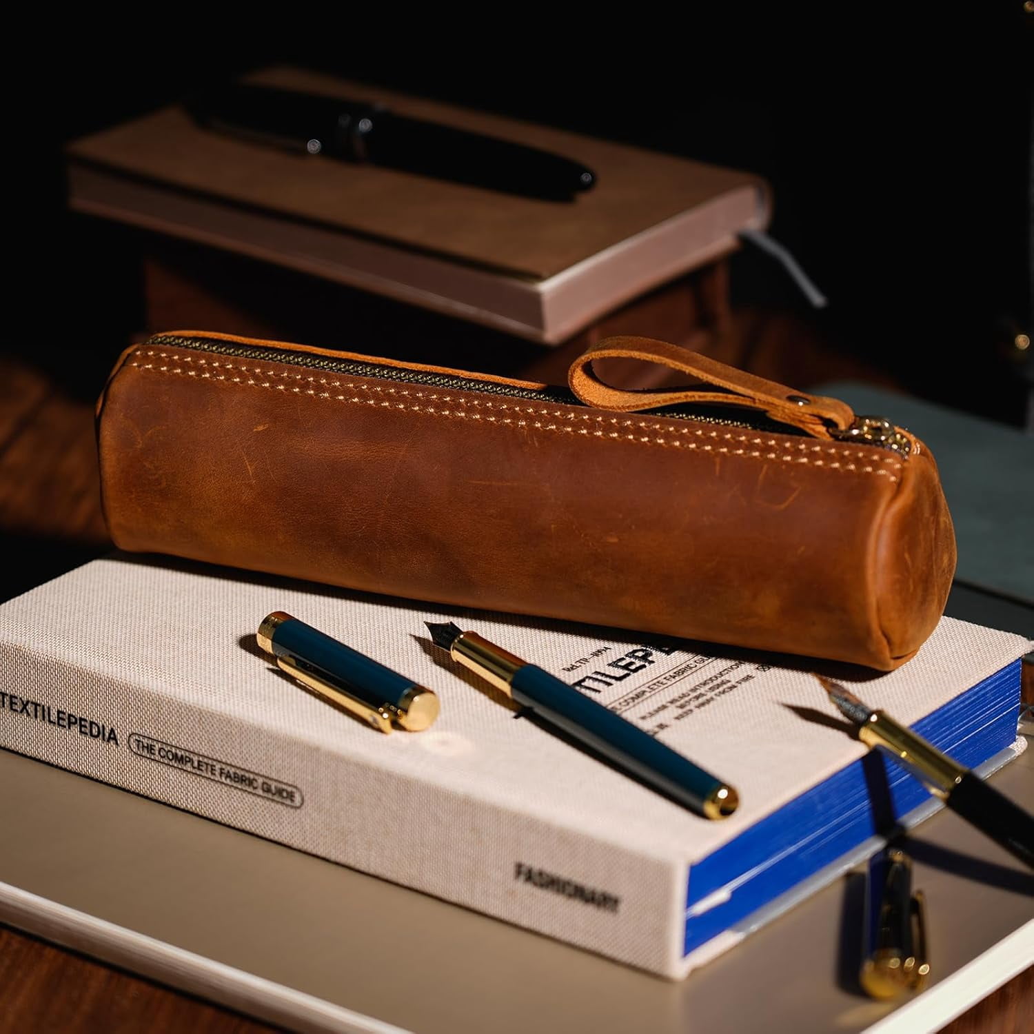 ABPETE Small Pencil Pouch-Genuine Full-Grain Leather Pencil Case for Men- Vintage Leather Pouch for Adults-Stationery Organizer Bag for Work & Travel-Cylinder-Brown