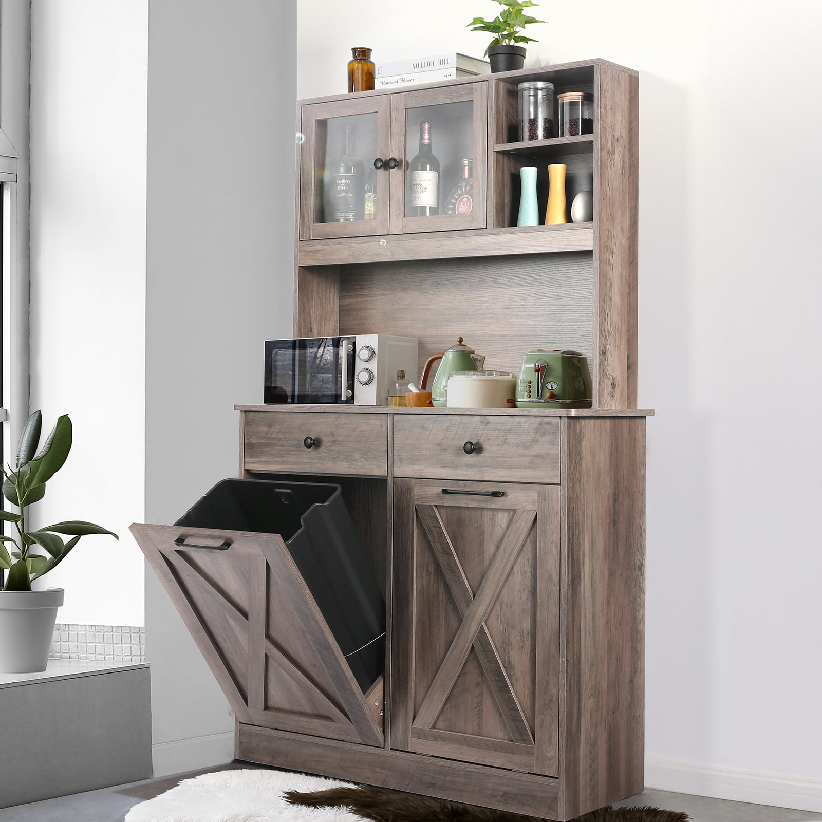 LAZY BUDDY Double Tilt Out Trash Cabinet 2 x 10 gal Solid Wood Hideaway Trash Holder Wooden Free Standing Recycling Cabinets Bin for Kitchen, Gray