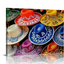 Creowell  Canvas Wall Art Day of the Dead Colorful Skulls and Mexican Sombreros Mexico Food Prints Home Decor Living Room Ready to Hang Each 20x16in