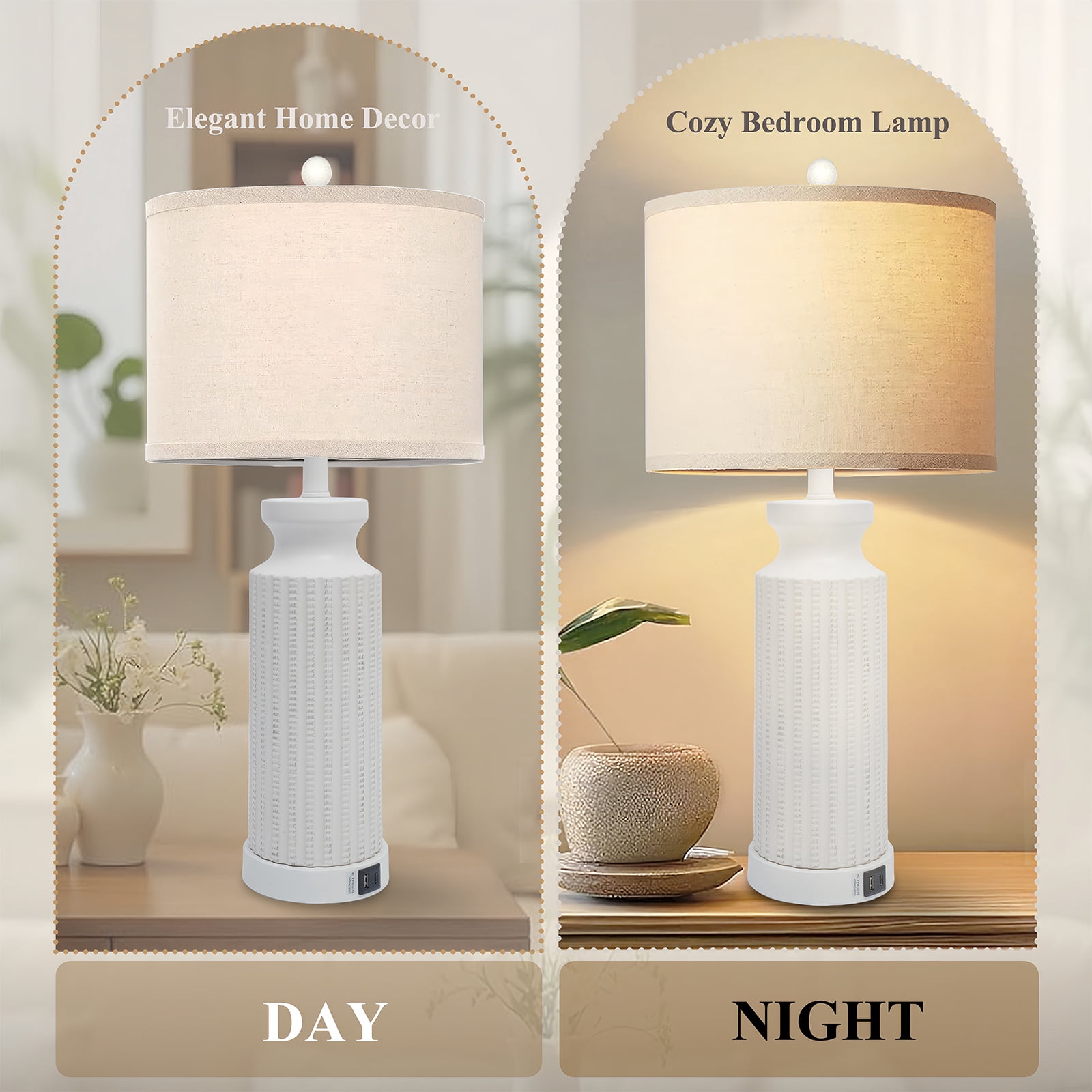 Tnuyoah Modern 28" Table Lamps Set of 2 with USB C+A Ports - 3-Way Dimmable Bedside Touch Control Lamp, Farmhouse Lamp with Beige Linen Shade for Bedroom, Living Room & Home Office