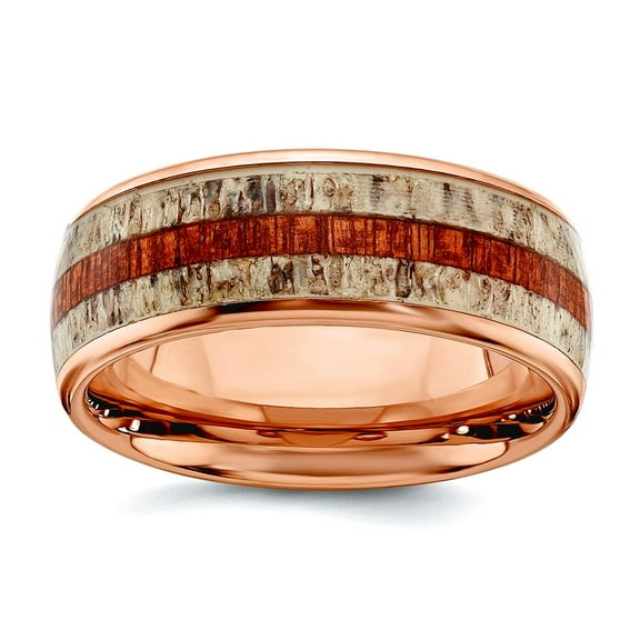 Stainless Steel Polished Rose Ip Plated With Wood and Antler Inlay 8mm Band Size 11.5 Ring for Women and Men
