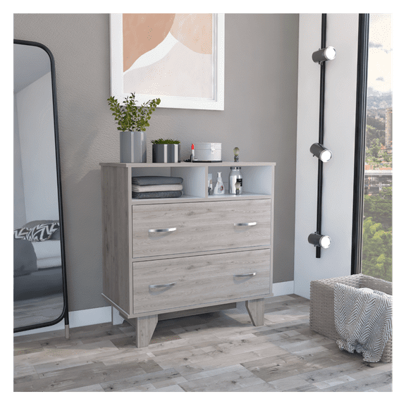 Portanova 2-Drawer Dresser with Open Shelves & Superior Top, Light Gray/White MDF