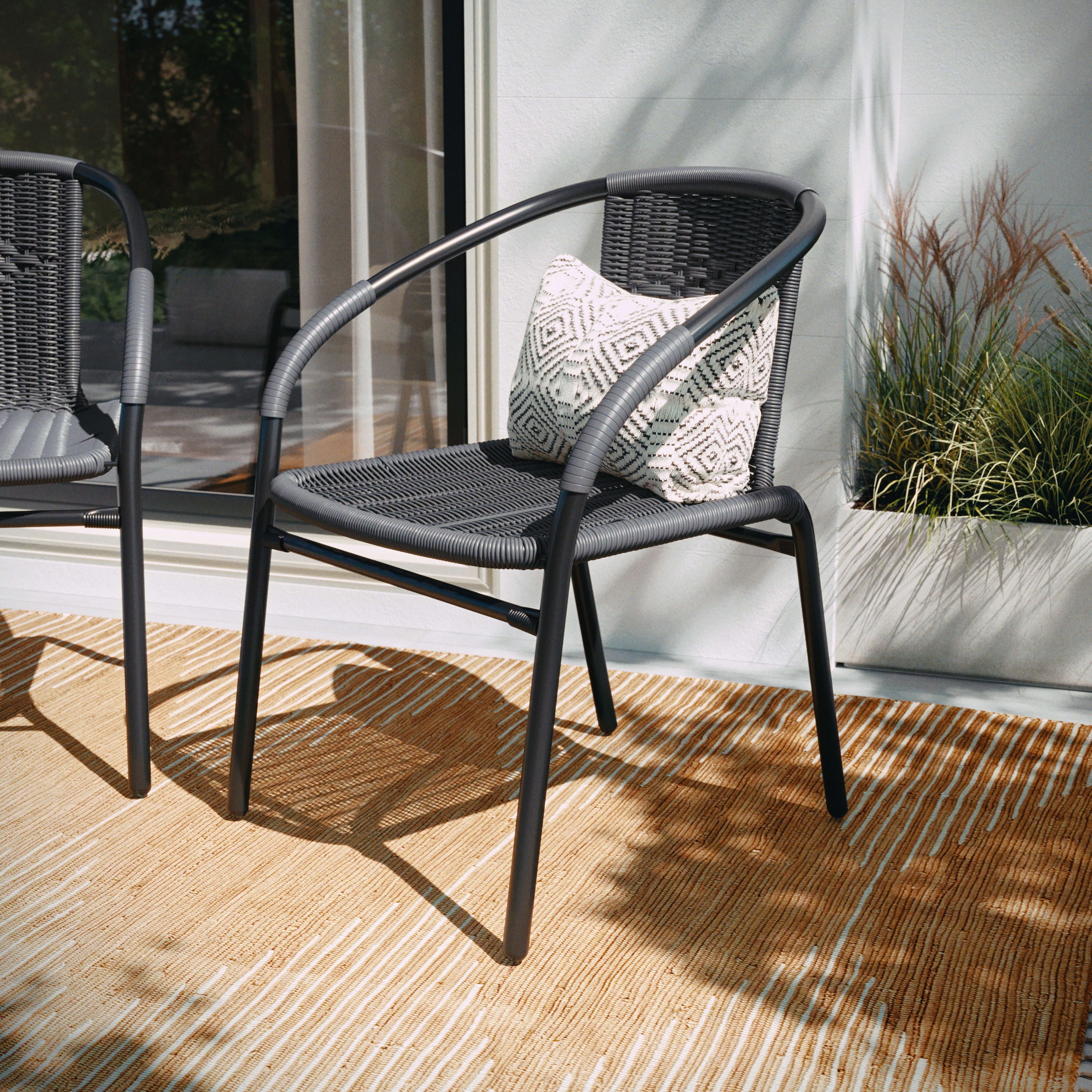 BizChair 2 Pack Black Rattan Indoor Outdoor Restaurant Stack Chair