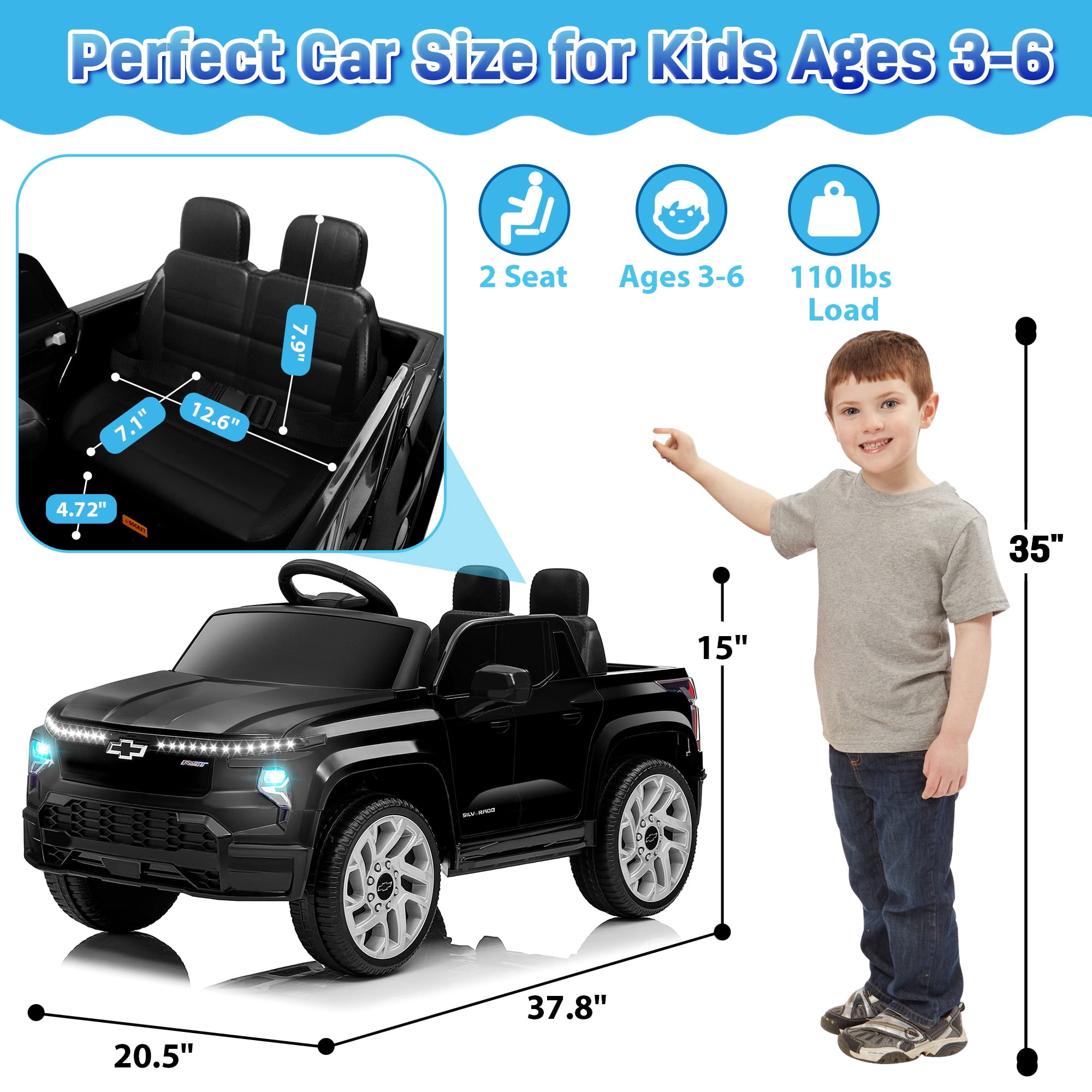 Chevrolet Silverado EV 12V Kids Ride on Car, Wisairt Battery Powered Electric Vehicle w/ Remote Control (Black)