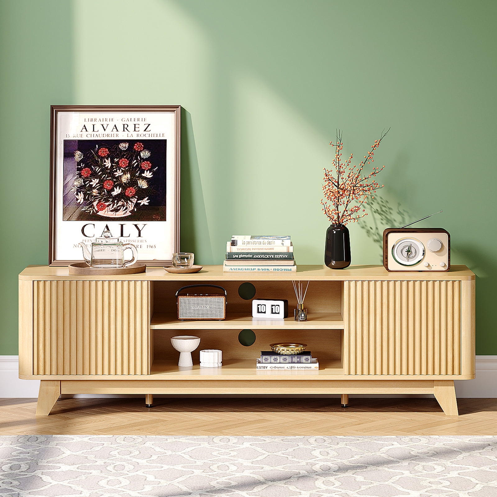 Ktaxon Modern TV Stand for 55/60/65 Inches TVs, 58" Television Media Console Wood Entertainment Center with 2 Fluted Doors & Adjustable Shelves for Living Room, Bedroom, Home, Light Walnut