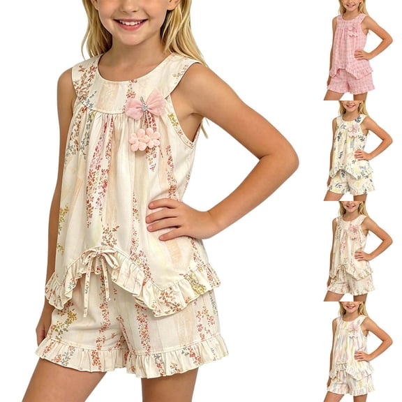 Xaqiouau Girls Floral 2 Piece Outfit Sleeveless Ruffle Top and Shorts Set Summer Bow Tie Matching Clothes Casual Cute Clothing for Toddler Little Girls